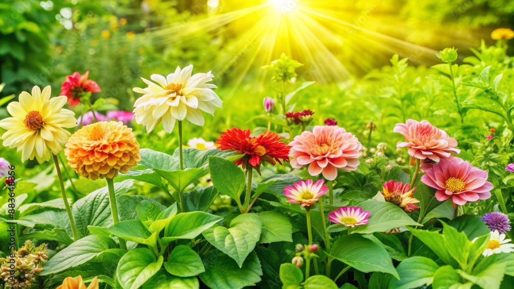 Vibrant colorful flowers bloom amidst lush green foliage, bathed in warm sunlight, creating a serene and peaceful natural atmosphere. Vibrant colorful flowers bloom amidst lush green foliage, bathed in warm sunlight, creating a serene and peaceful natural atmosphere.