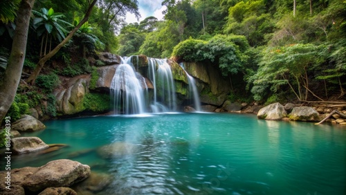 Lush greenery surrounds a serene mountainside tropical waterfall cascading down rocky cliffs into a tranquil turquoise pool.