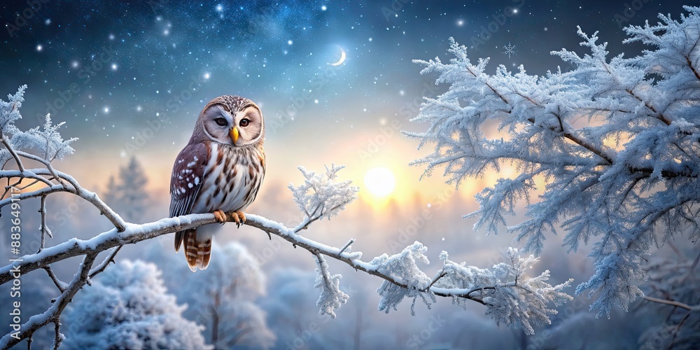 Enchanted winter owl perched on frosty branch at magical twilight, owl, winter, enchanted, frosty, branch, magical, twilight Enchanted winter owl perched on frosty branch at magical twilight, owl, winter, enchanted, frosty, branch, magical, twilight