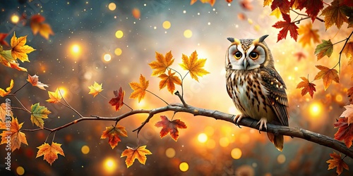 Owl perched on branch with autumn leaves and sparkling lights, owl, branch, autumn, leaves, sparkling lights, nature, wildlife