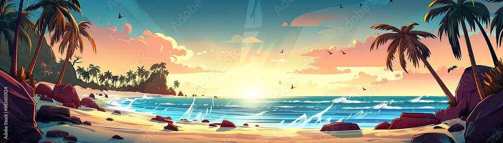 Tropical paradise with palm trees and rocky beach at sunset Tropical paradise with palm trees and rocky beach at sunset