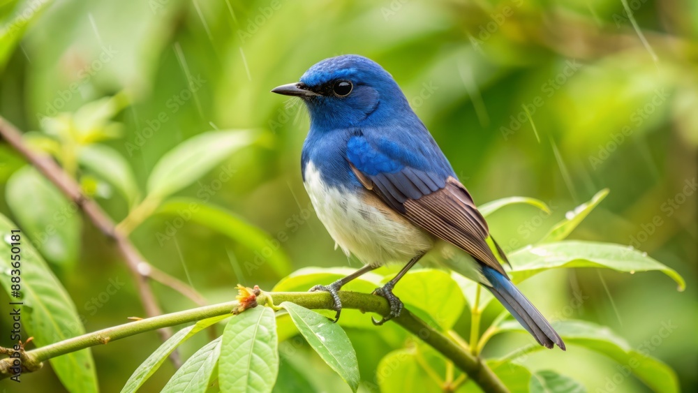 Vibrant blue bird perches on a delicate branch amidst lush green foliage, showcasing serene morning atmosphere with dew drops glistening. Vibrant blue bird perches on a delicate branch amidst lush green foliage, showcasing serene morning atmosphere with dew drops glistening.