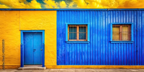 Vibrant blue building against dreamy hypercolor background, floating architecture with yellow and indigo hues, vibrant photo