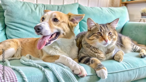 Wallpaper Mural Adorable dog licks empty space while cat lounges on couch, emphasizing warm atmosphere and companionship in a cozy home setting. Torontodigital.ca