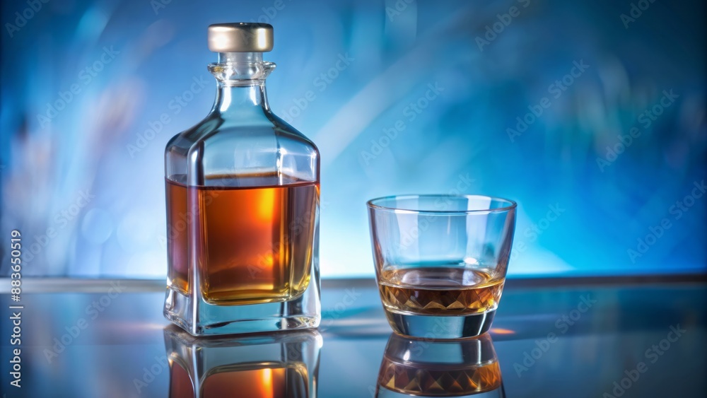 Amber liquor fills a ornate glass and averts on a reflective surface next to an elegantly curved empty bottle. Amber liquor fills a ornate glass and averts on a reflective surface next to an elegantly curved empty bottle.