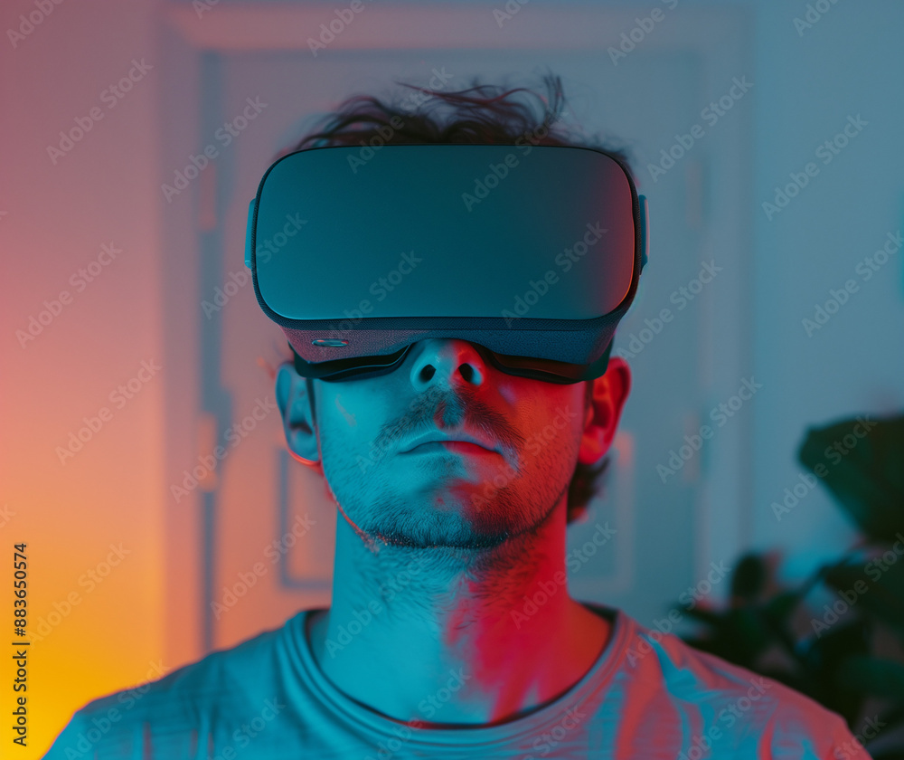 Man in his early thirties engrossed in a simulation game with a VR headset Man in his early thirties engrossed in a simulation game with a VR headset
