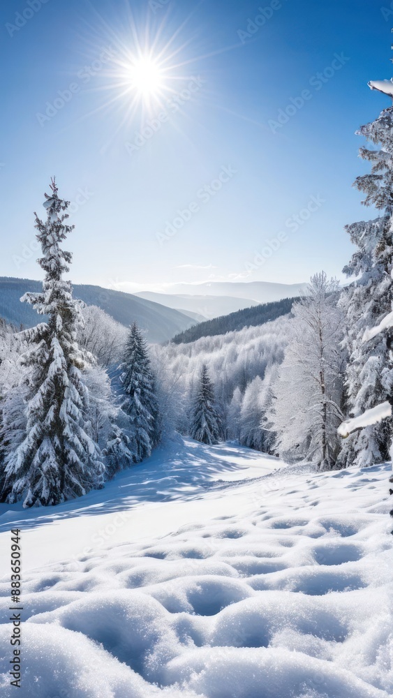 snowy trees in the foreground of a mountain landscape with a bright sun snowy trees in the foreground of a mountain landscape with a bright sun