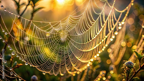 Dew glistens on a delicate spiderweb in the early morning light , nature, close-up, intricate, delicate, web