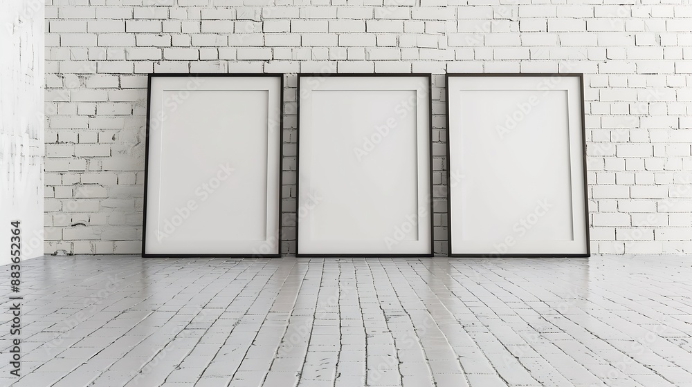 Photo frames on floor over white brick wall close up : Generative AI Photo frames on floor over white brick wall close up : Generative AI