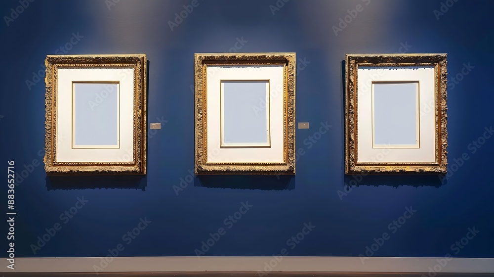 Antique art fair gallery frame on royal blue wall at auction house or museum exhibition blank template with empty white copyspace for mockup design artwork concept : Generative AI Antique art fair gallery frame on royal blue wall at auction house or museum exhibition blank template with empty white copyspace for mockup design artwork concept : Generative AI