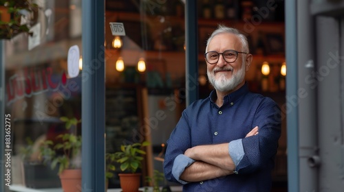 Happy smiling confident european middle aged older adult man small local business owner standing outside own cafe looking away and dreaming Old senior entrepreneur portrait Entrepreneu : Generative AI