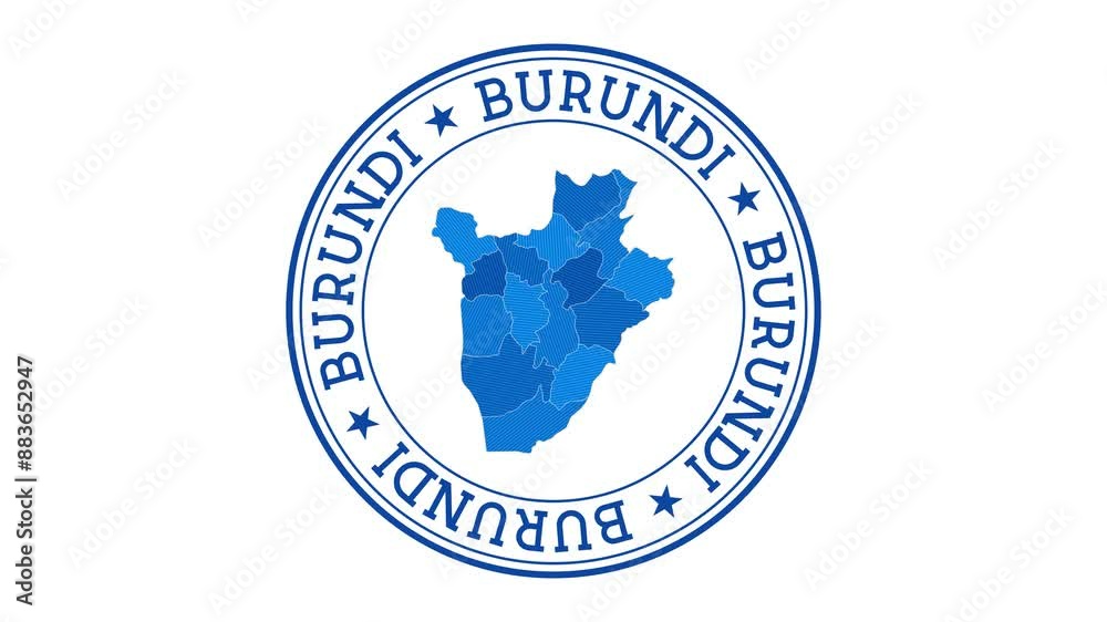 Burundi intro. Badge with the circular name and map of country. Burundi round logo animation.