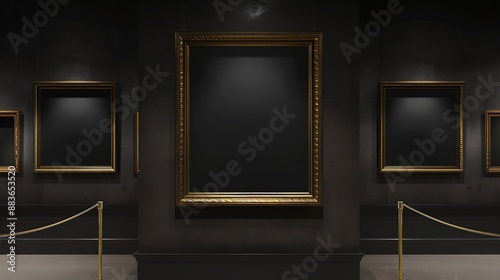 Mockup black blank space in vertical gold wooden square frame hanging isolated on dark background behind display stanchions Empty single vintage golden rectangular frame in museum : Generative AI photo