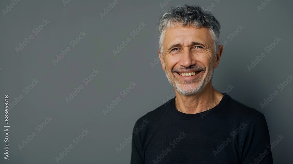 Fototapeta premium Portrait of happy casual mature man smiling senior age man with gray hair Isolated on gray background copy space : Generative AI