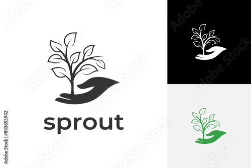 sprout plant and hand logo design with growing plant graphic element symbol