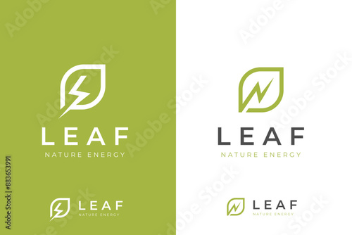 green energy leaf logo icon design. graphic symbol with leaf and thunder shape combination for green energy logo line art