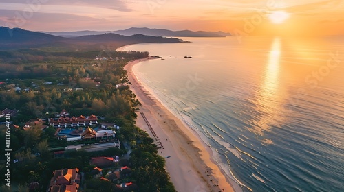 Aerial top view panorama sunset Bang Tao beach with lux hotel of Phuket paradise Concept tropical travel photo Thailand : Generative AI photo