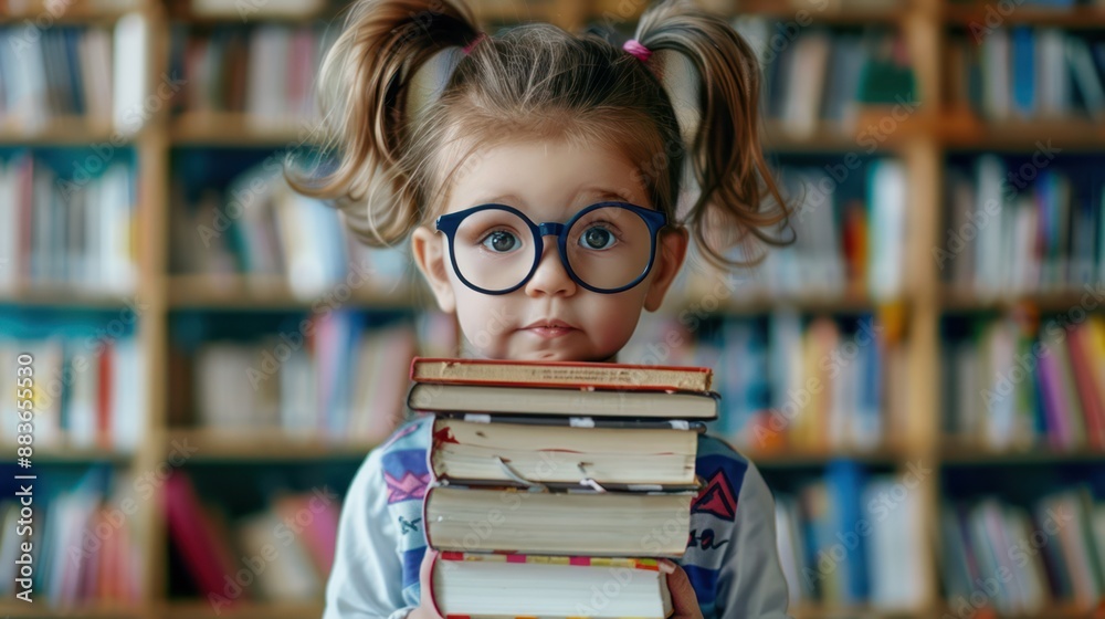 Cute Child Librarian with Glasses Holding Books in Library Setting, Generative Ai Cute Child Librarian with Glasses Holding Books in Library Setting, Generative Ai