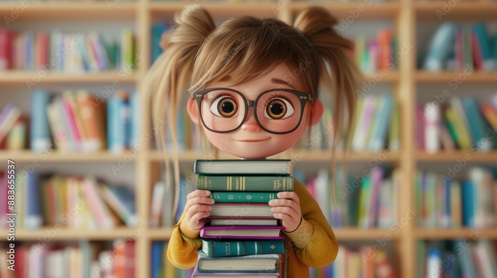 Sweet Little Librarian: Young Girl with Glasses Posing in Library with Books, Generative Ai Sweet Little Librarian: Young Girl with Glasses Posing in Library with Books, Generative Ai