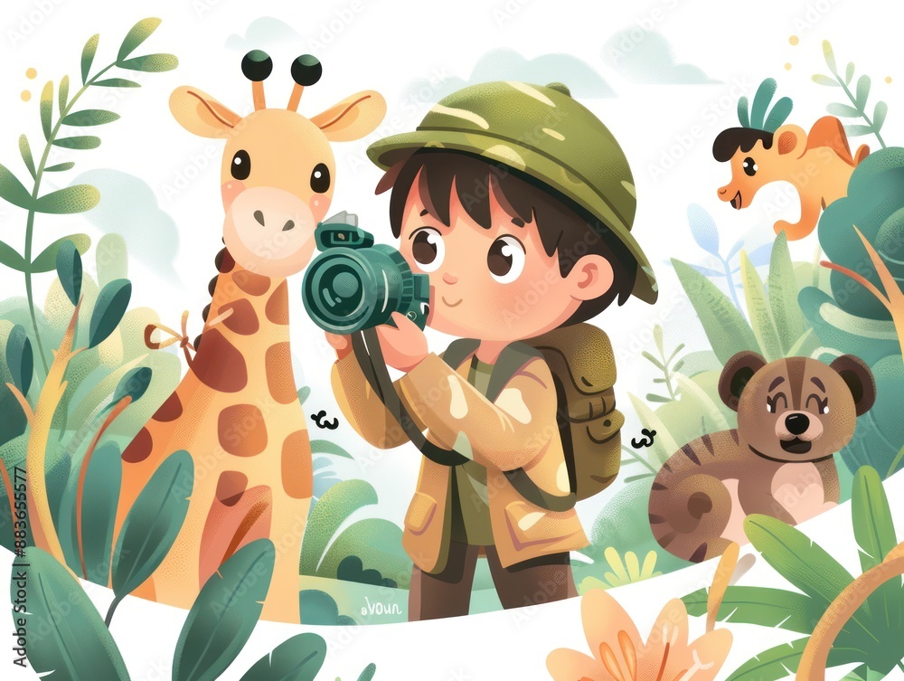 Fototapeta premium Young Explorer Capturing Wildlife Moments in Jungle Safari Adventure, Generative Ai
