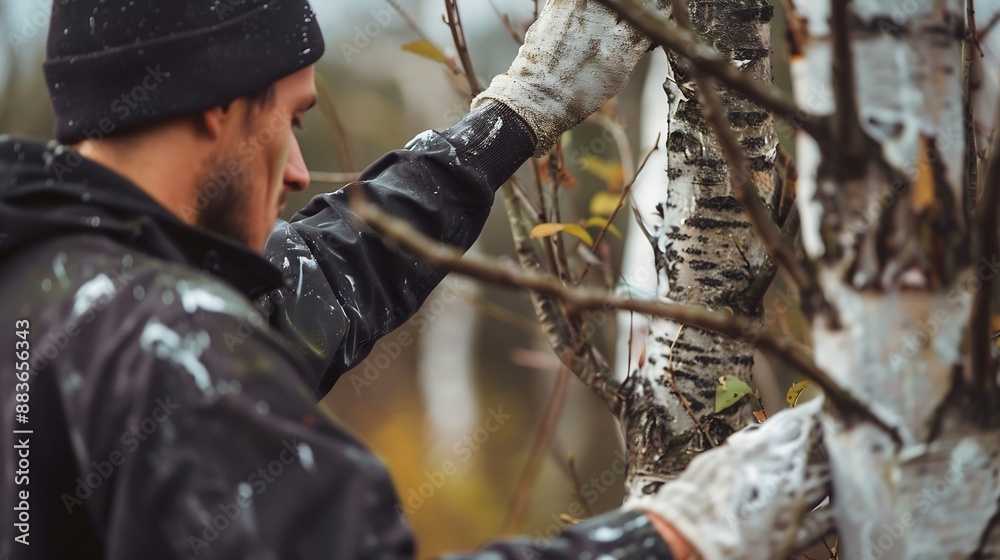 a male farmer covers a tree trunk with protective white paint against pests Selective focus : Generative AI a male farmer covers a tree trunk with protective white paint against pests Selective focus : Generative AI
