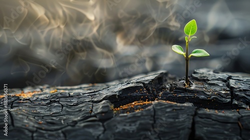 Sprout of a plant grows on a burnt tree trunk concept of new life and hope : Generative AI
