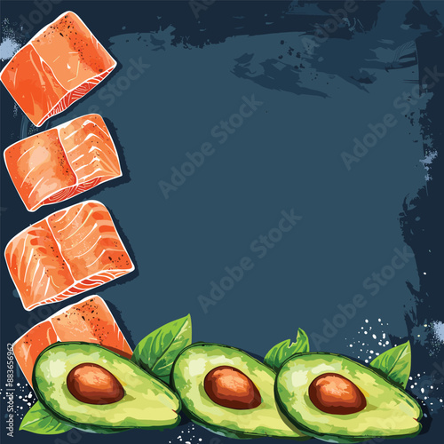 Salmon and Avocado Food Illustration, Blue Background