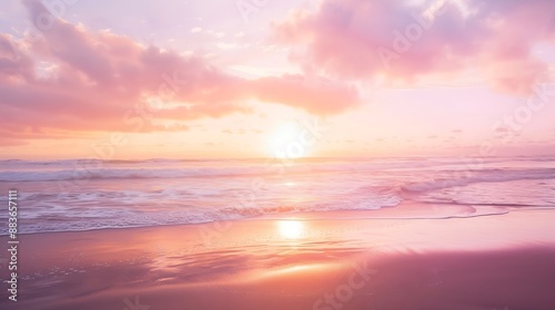 Capture the mesmerizing beauty of a beach sunset with this stunning photograph As the sun dips below the horizon the sky is painted in a breathtaking palette of warm oranges pinks and : Generative AI