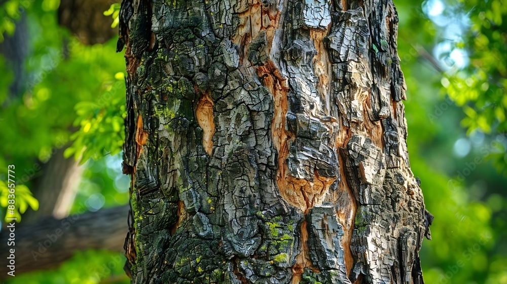 Closeup of a tree trunk with detailed bark texture in a vibrant green forest setting : Generative AI Closeup of a tree trunk with detailed bark texture in a vibrant green forest setting : Generative AI