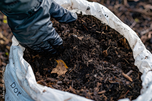 Wallpaper Mural Close-up of a black gloved hand holding coco peat soil mixed with brown organic mulch in a white plastic bag for the garden, in the style of a real photo Torontodigital.ca