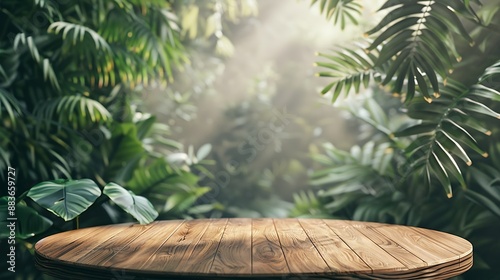 Wood tabletop podium floor in outdoors blur green leaf tropical forest nature landscape backgroundcosmetic natural product mock up placement pedestal stand displayjungle summer concept : Generative AI photo