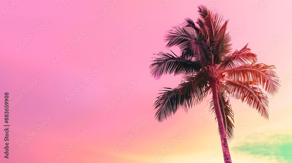 palm tree on sunset of beautiful a tropical beach on pink sky background as summer : Generative AI palm tree on sunset of beautiful a tropical beach on pink sky background as summer : Generative AI