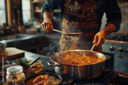 chef stirring a pot of soup adding spices