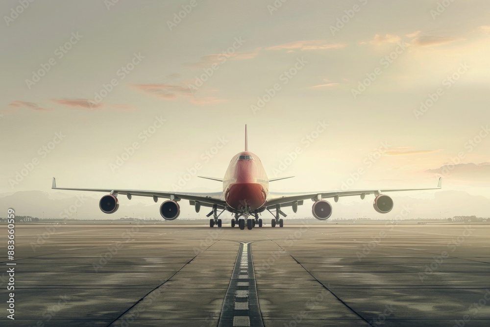 Airplane on tarmac with sun in background travel, business, transportation, airport, journey, flight, aviation, sunset, sky