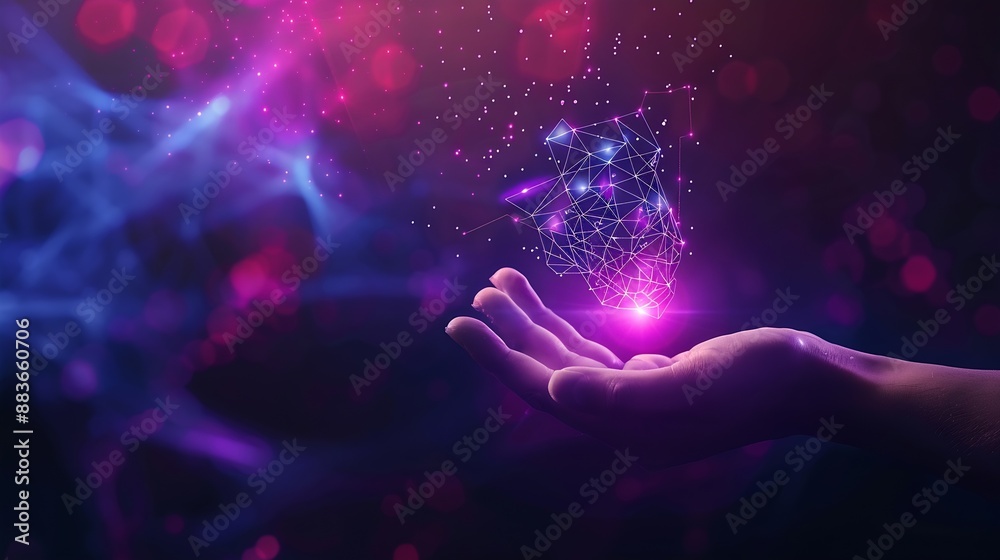 Man hand holding global network connection Internet communication Wireless connection technology Futuristic technology with polygonal shapes Grading purple and blue tone : Generative AI Man hand holding global network connection Internet communication Wireless connection technology Futuristic technology with polygonal shapes Grading purple and blue tone : Generative AI
