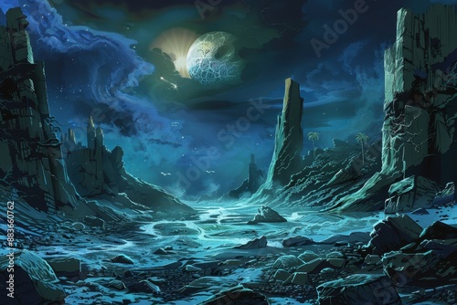 Alien planet landscape with moon rocks and glowing water photo