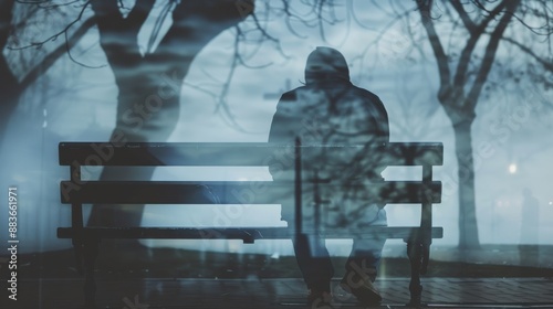 Homeless person on bench close up, focus on, copy space Gritty environment, Double exposure silhouette with destitution