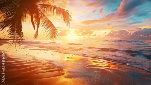 Amazing travel landscape Beautiful panoramic sunset tropical paradise beach Tranquil summer vacation or holiday Tropical sunset beach seaside palm calm peace panorama exotic nature col : Generative AI photo