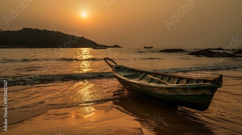 Golden Horizons Gokarna Sunset SceneryExperience Gokarnas serene sunsets where golden light kisses tranquil waters beaches and boats Explore coastal paradise in every captivating scene : Generative AI photo