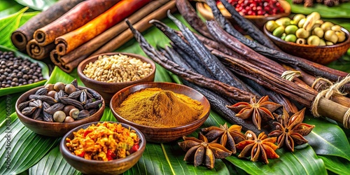 Fototapeta Naklejka Na Ścianę i Meble -  Assortment of tropical spices from Reunion Island including vanilla beans, cloves, and turmeric, Reunion Island