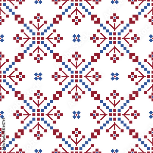 Cross Stitch embroidery seamless. Geometric pixel ethnic patterns. American, Mexican,African, mediterranean,nordic,Aztec style.Trendy folk art background design for products, fabric, ,print,decorate.