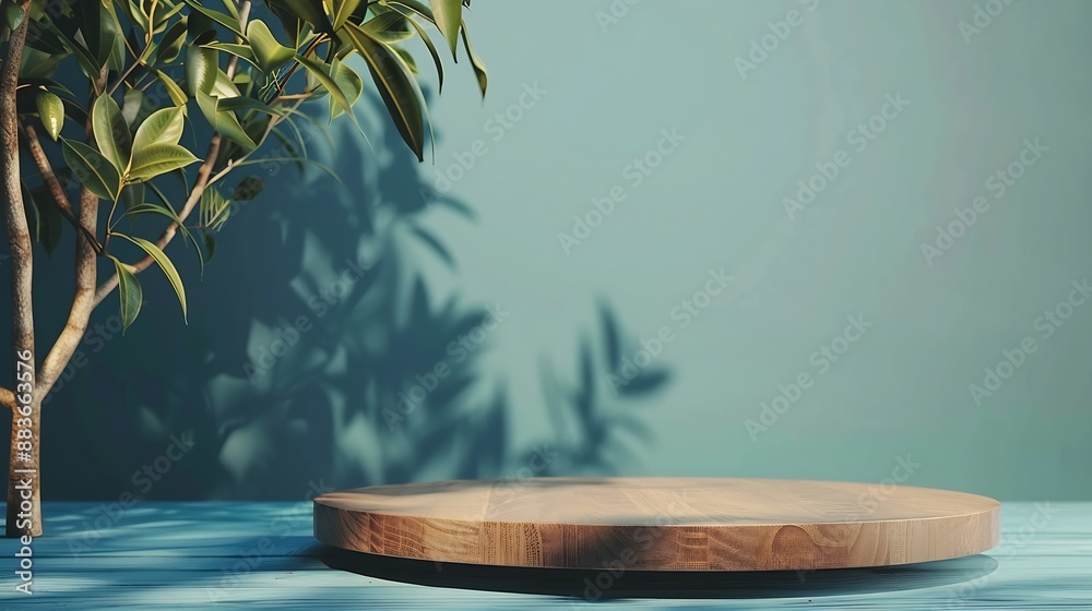 Tree Table wood Podium in farm display for food perfume and other products on blue background Ecofriendly design and free copy space for design : Generative AI Tree Table wood Podium in farm display for food perfume and other products on blue background Ecofriendly design and free copy space for design : Generative AI