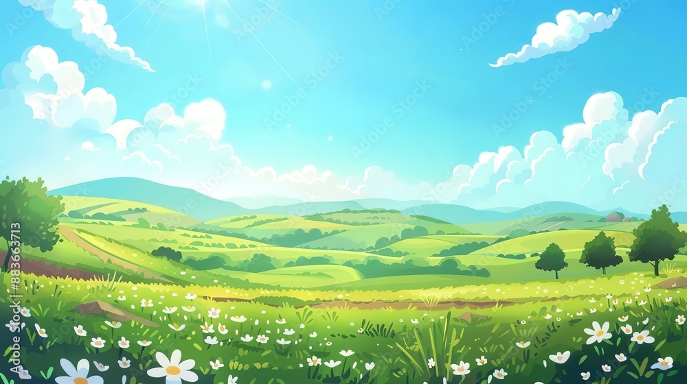Fototapeta premium Scenic view of a lush green rolling hills landscape with white flowers and blue sky