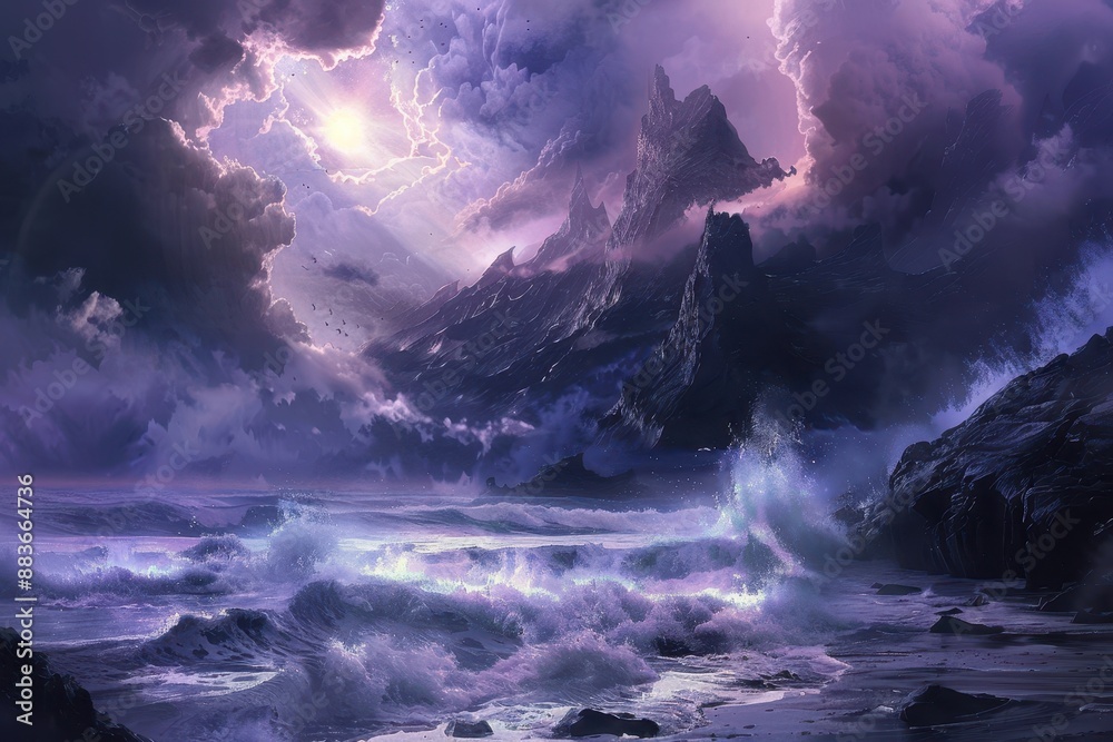 Dark stormy sea with large waves crashing on a rocky coast Dark stormy sea with large waves crashing on a rocky coast