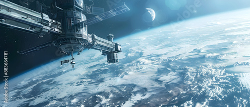 Fototapeta Naklejka Na Ścianę i Meble -  A sleek, metallic space station hovers above a colorful, alien planet in the distance.