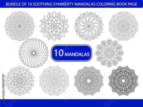 Bundle of 10 Soothing Symmerty Mandalas Coloring Book Page photo