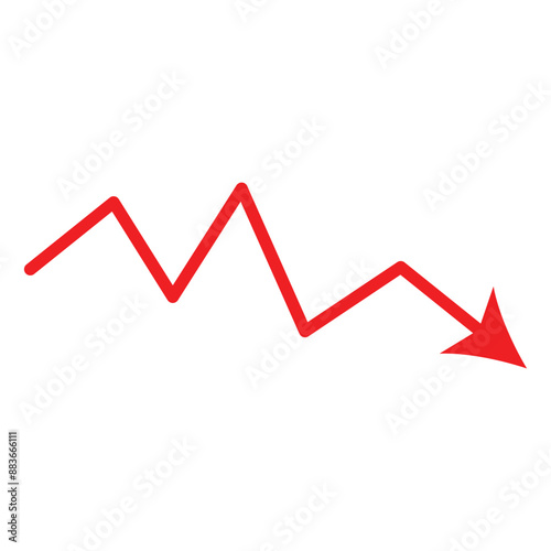 Chart with red down arrow isolated on white background. Falling growth in business