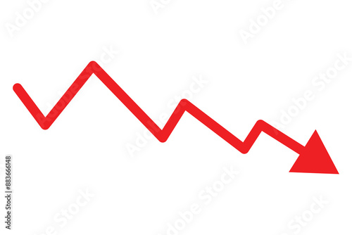 Chart with red down arrow isolated on white background. Falling growth in business