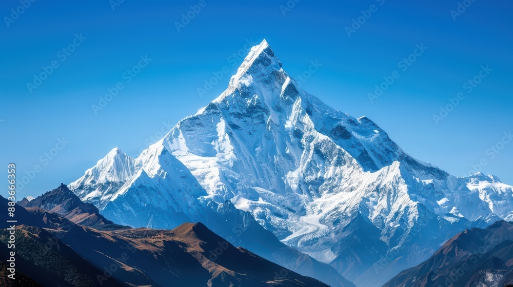 Majestic Snow-Capped Mountain Peak Against Clear Blue Sky in Serene Landscape Majestic Snow-Capped Mountain Peak Against Clear Blue Sky in Serene Landscape