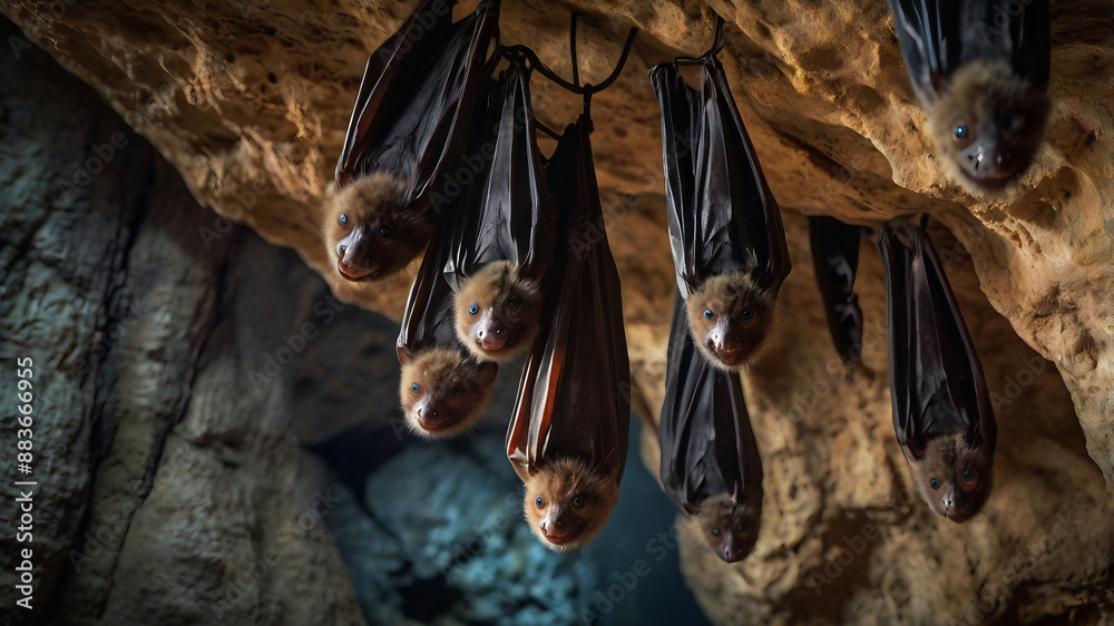 Obraz premium Zoomed in photography of bats hanging asleep upside down inside the cave 
